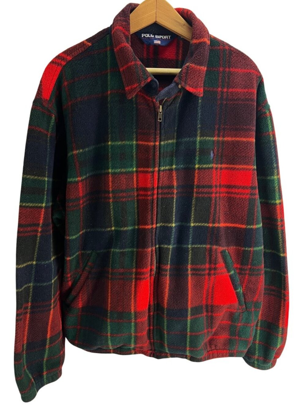 Polo Sport Ralph Lauren Mens XL Red Green Navy Plaid Fleece Jacket Full-Zip Made